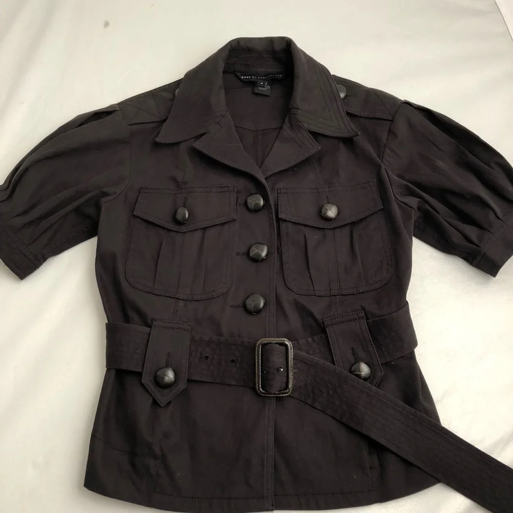 Marc by Marc Jacobs black gathered puff sleeve belted safari style blazer jacket